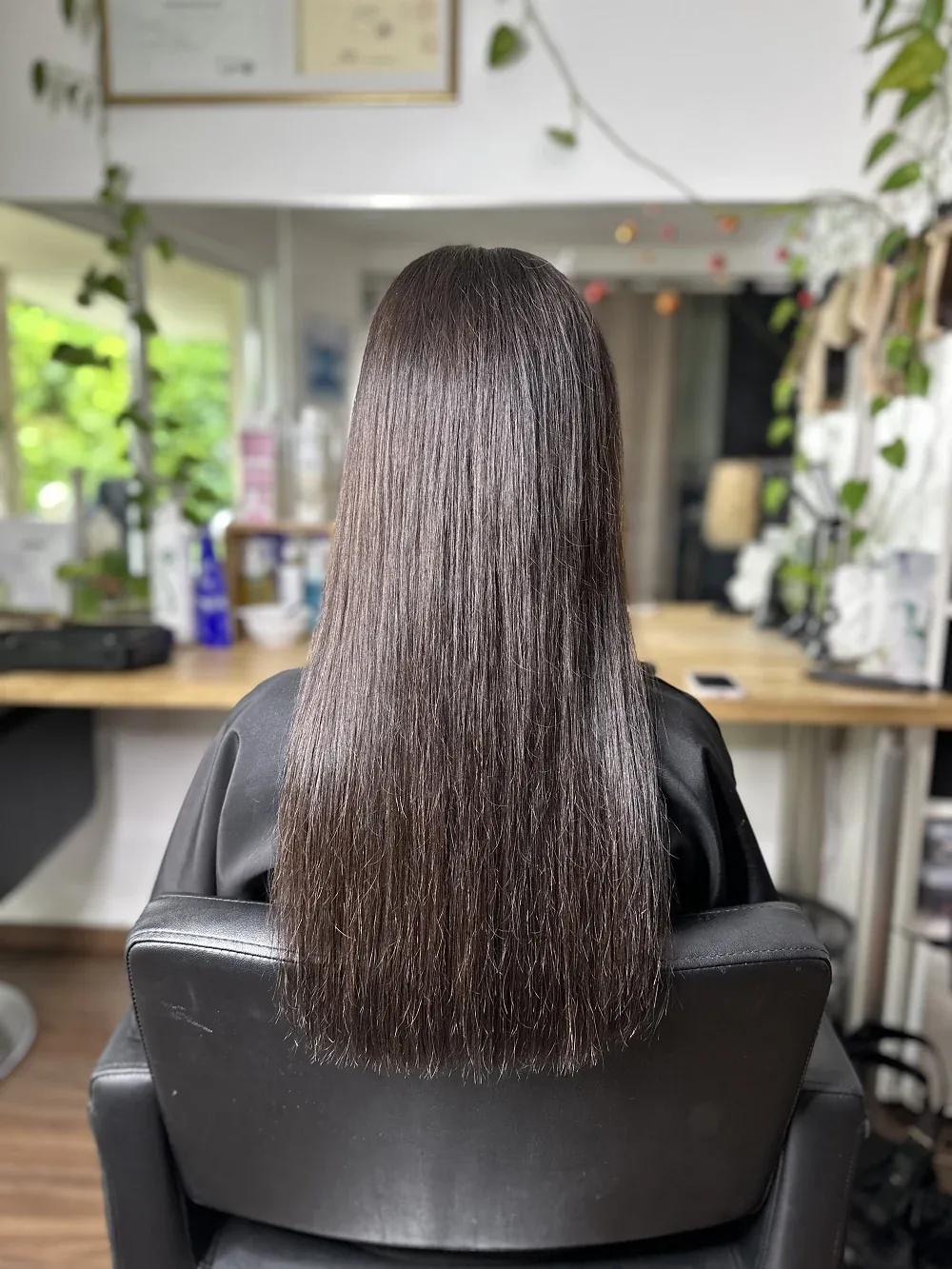 Extensions à la kératine brunes lisses, longueur et fondu vus de dos
